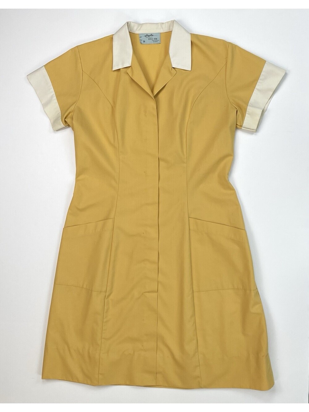 Vtg 70s Angelica Waitress Uniform Dress Size 36 Yellow White Diner Maid Costume